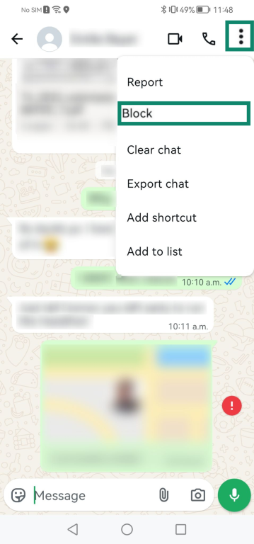 Screenshot showing Block inside the conversation settings of WhatsApp.