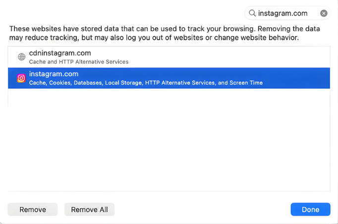 Safari Manage Website Data window showing instagram.com selected with Remove button highlighted.