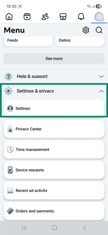The main profile menu on the Android Facebook app. The "Settings & privacy" dropdown menu and "Settings" menu entry are highlighted.