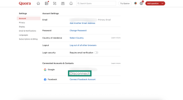 Quora Account settings with Disconnect highlighted under linked Google account.