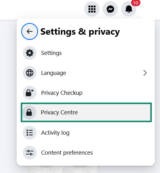 A screenshot of the Facebook Settings and privacy menu, showing the Privacy Center option.
