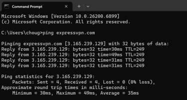 A screenshot of a windows command prompt running the ping expressvpn.com command.