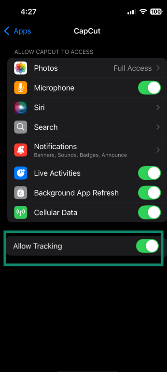 Allowed permissions for CapCut, including Allow Tracking