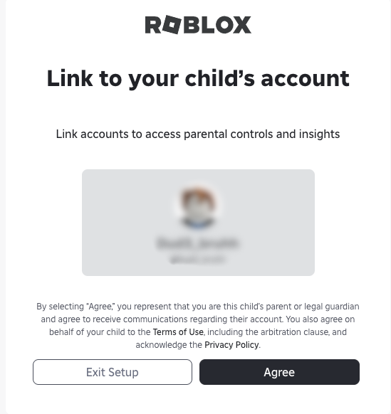 The Roblox confirmation screen for linking a parent’s account to a child’s profile.