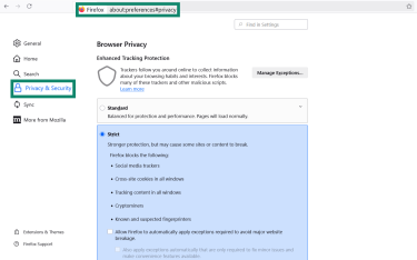 Open about:preferences and click on Privacy & Security.