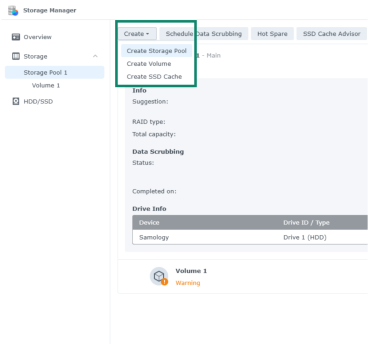 An image that displays how to create a storage pool within the storage manager