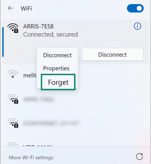 Wi-Fi menu for the current network showing the Forget option highlighted.