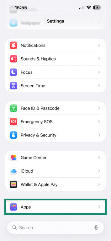 Accessing the Apps menu through iOS Settings.