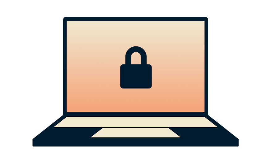 Computer portatile con un lucchetto su uno sfondo arancione.