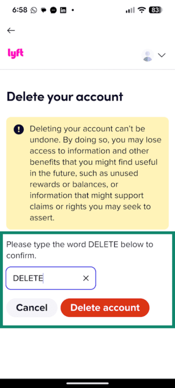 Lyft account delete confirmation screen