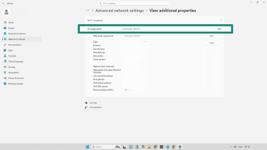 Screenshot of IP assignment in advanced network settings in Windows 11