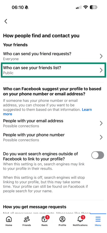 The "Who can see your friends list" option highlighted in Facebook's mobile settings menu.