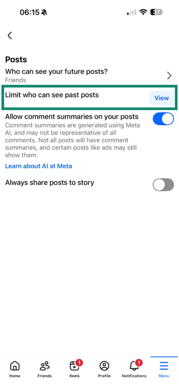 The "Limit who can see your past posts" menu item highlighted on Facebook mobile.