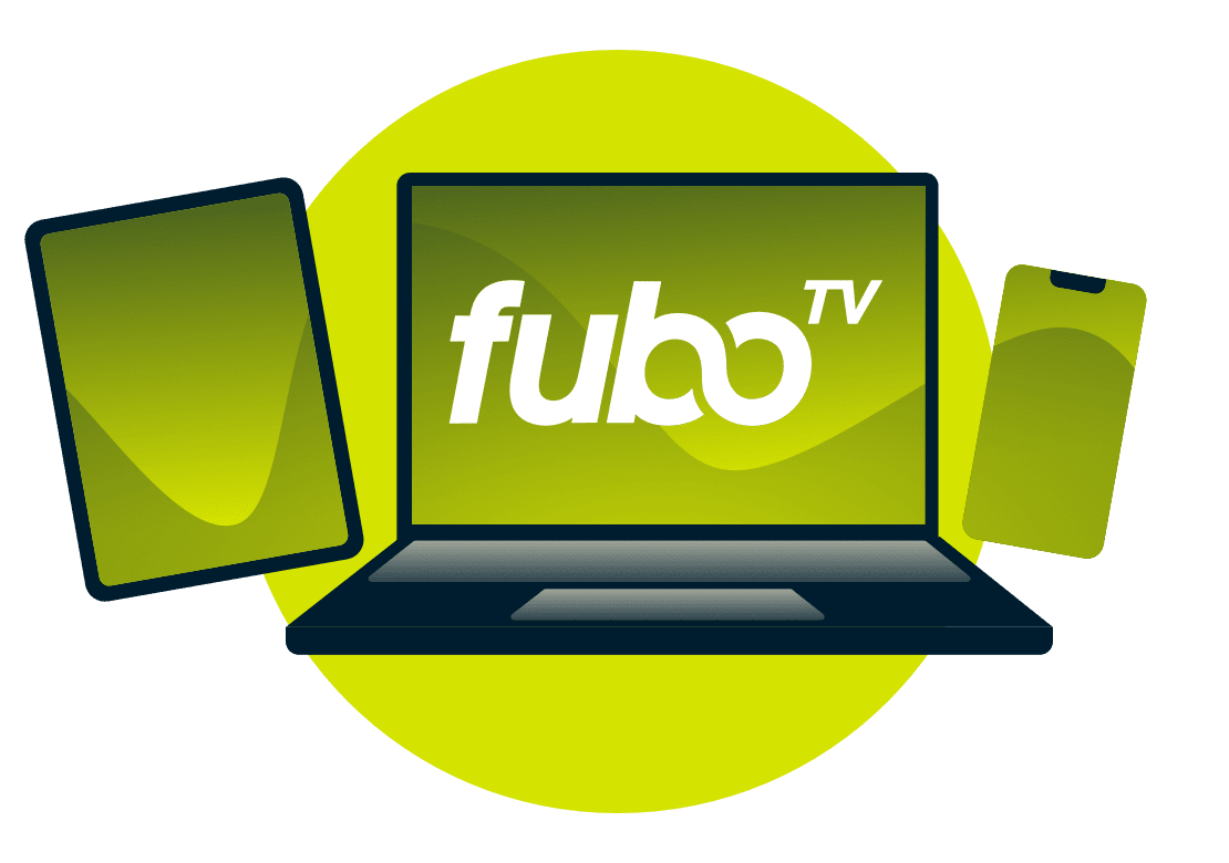 Kannettava tietokone, tabletti ja puhelin, joissa on fuboTV-logo.