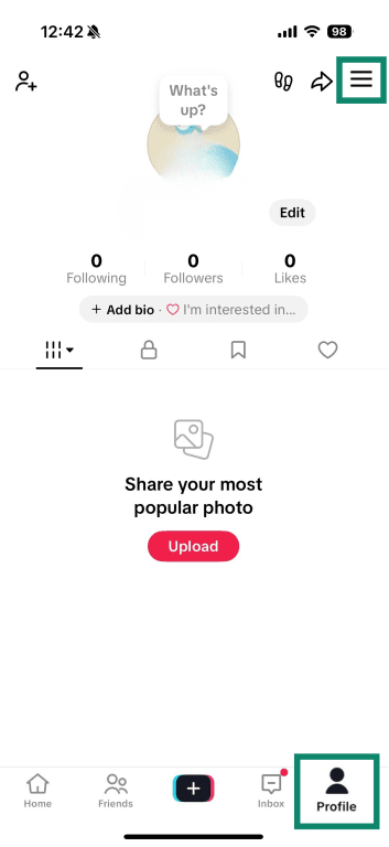 Open the TikTok app and tap on your Profile icon.