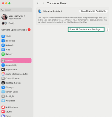 Transfer or Reset screen with Migration Assistant and Erase All Content and Settings button highlighted