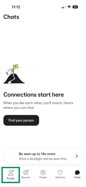 Bumble app showing the Chats tab with the Profile icon highlighted at the bottom.