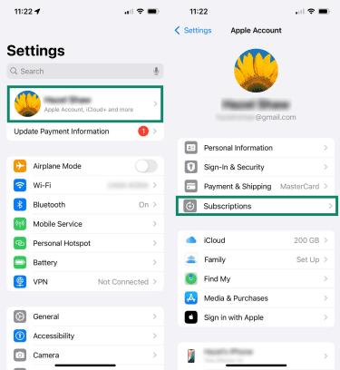 Screenshots of iOS Settings, highlighting the Apple Account and Subscriptions options.