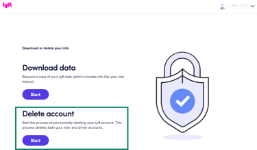 Lyft privacy portal on desktop showing the Delete account option.
