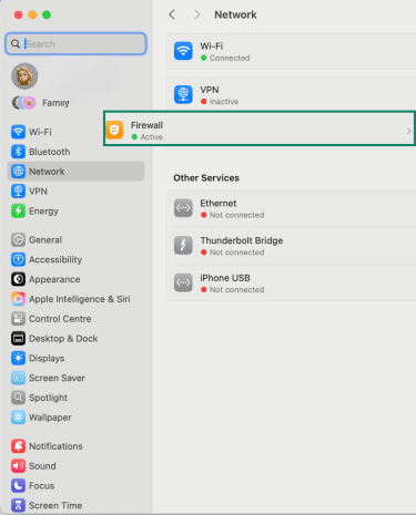 Firewall option within Network settings on macOS.