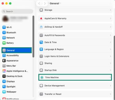 System Settings with Time Machine highlighted.