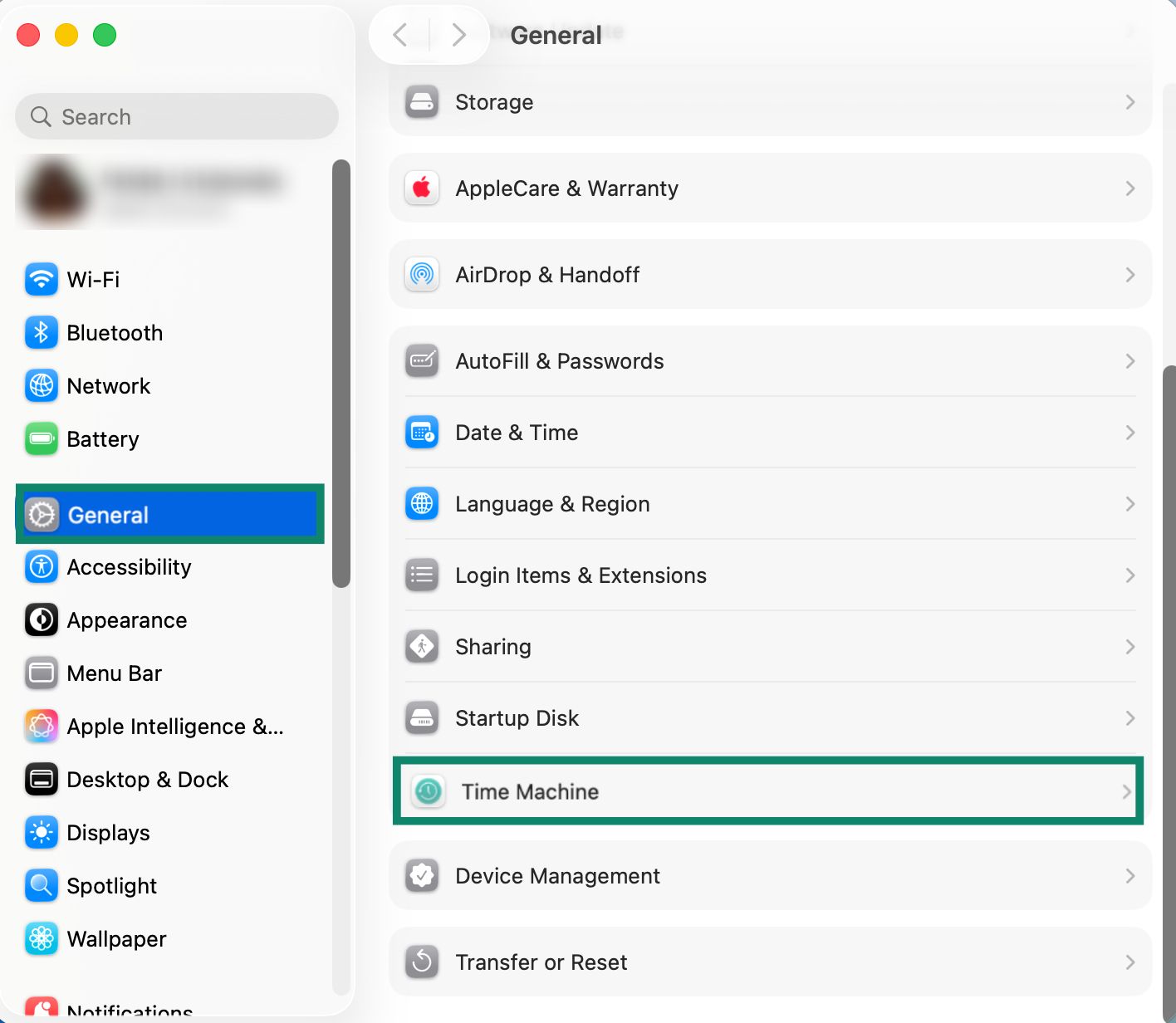 System Settings with Time Machine highlighted.