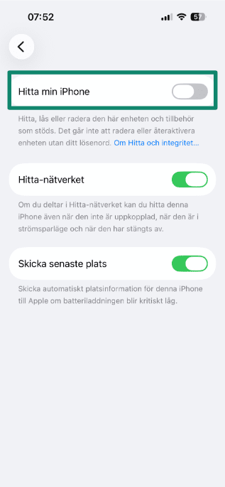 Find My iPhone settings screen showing the toggle switched off.
