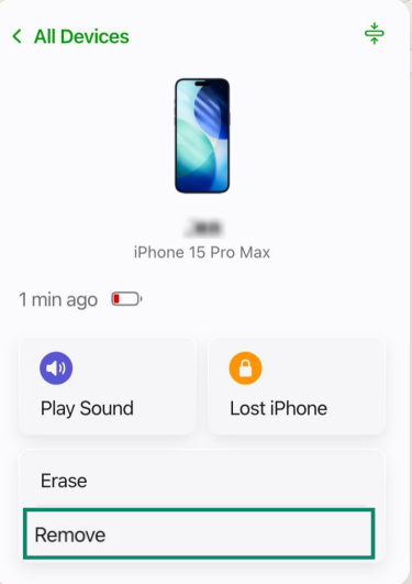 Device details page in Find Devices showing the Erase and Remove options.