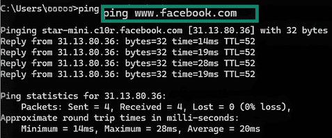 Type ping and enter the website you want to test.