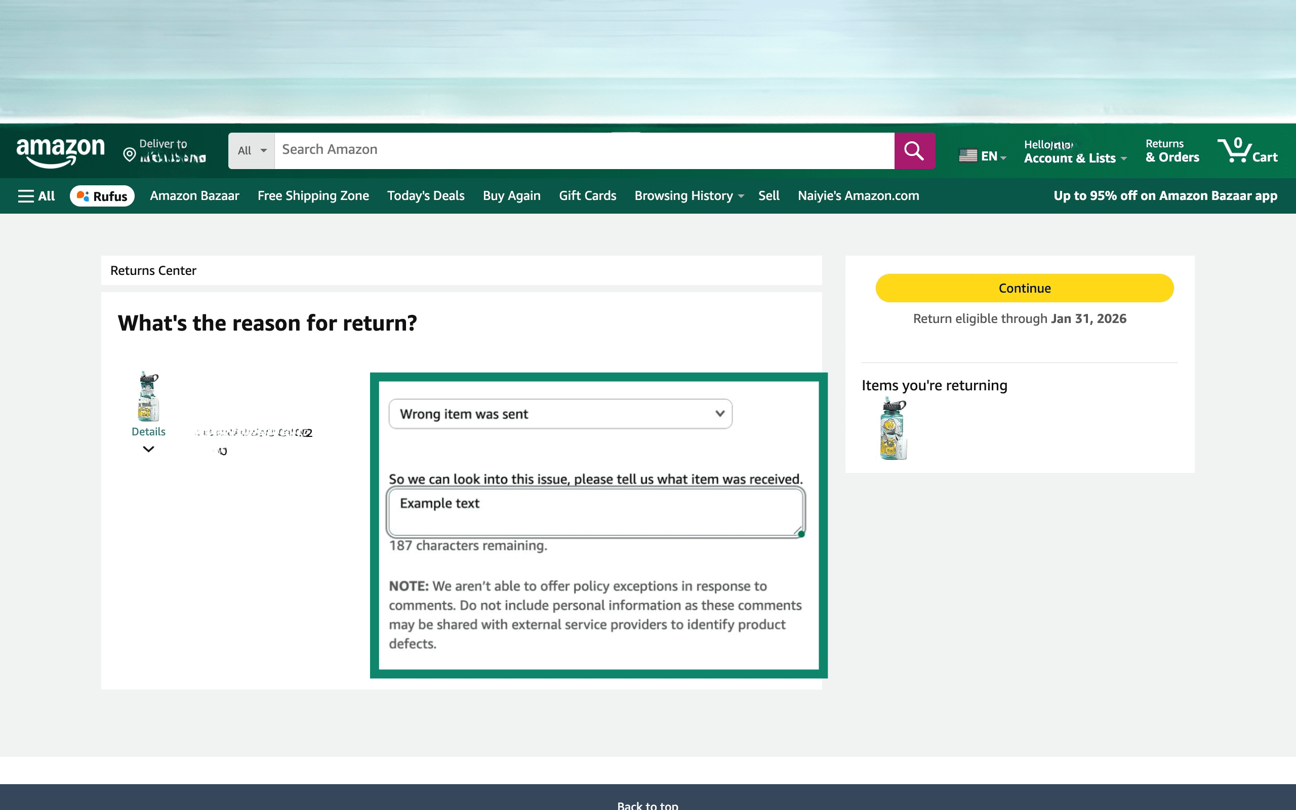 The Amazon return menu, with details about the return filled out.
