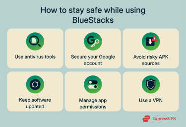 The best safety practices for using BlueStacks, including antivirus tools, secure Google accounts, safe APK sources, updates, permission controls, and VPN protection.