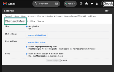 The Gmail settings is open and the Chat and Meet option is highlighted.
