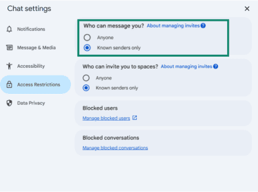 The Google Chat settings is open, and below the Who Can You Message option, Known Senders Only is selected.