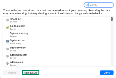 Website data in Safari, with a "Remove All" button highlighted.