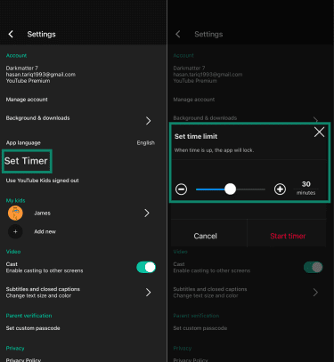 Set Timer feature on YouTube Kids.