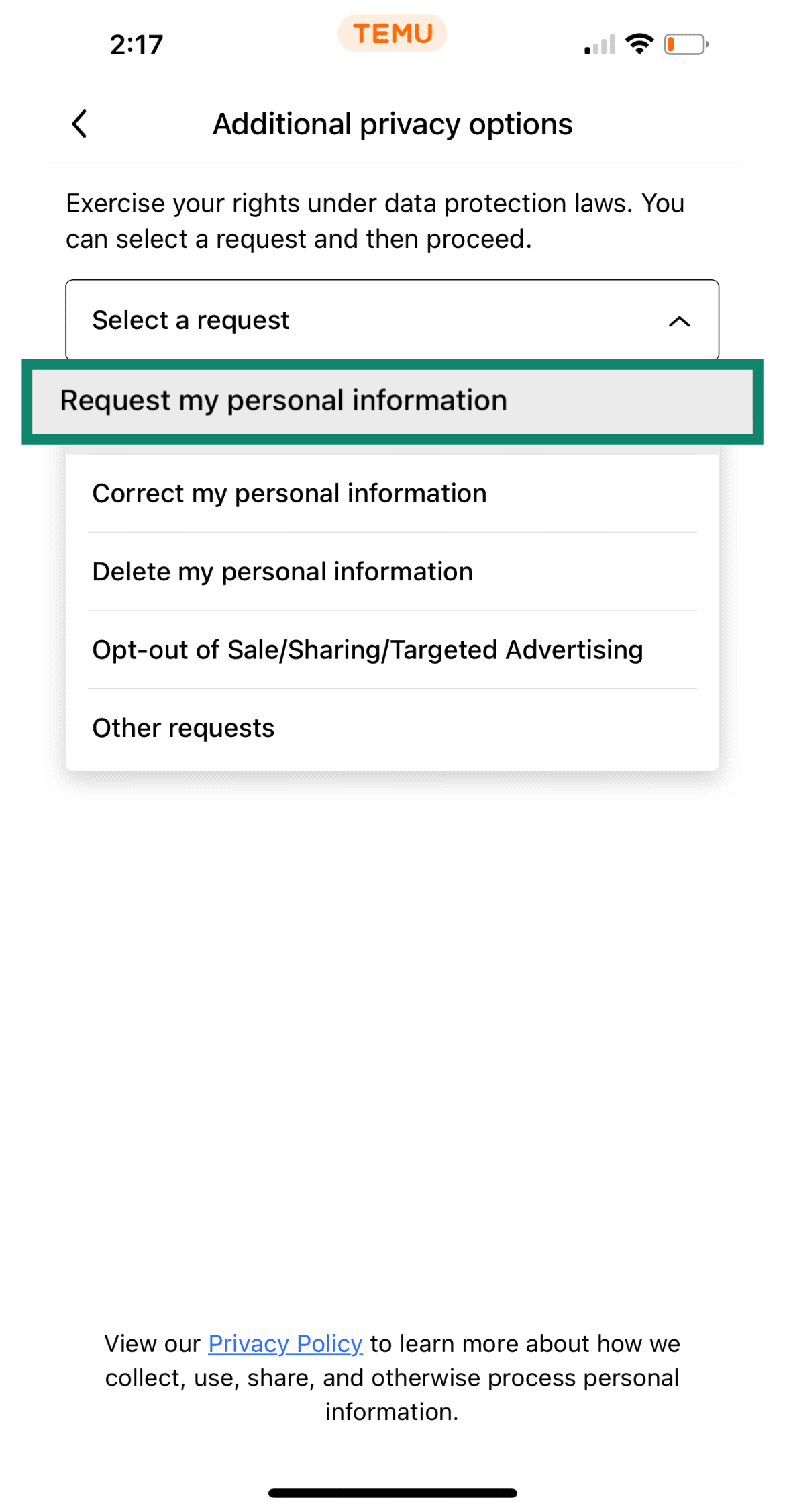 Temu privacy options with Request my personal information highlighted.