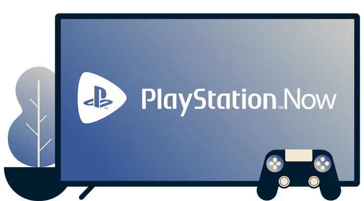 Schermo con logo Playstation Now, controller e una pianta.