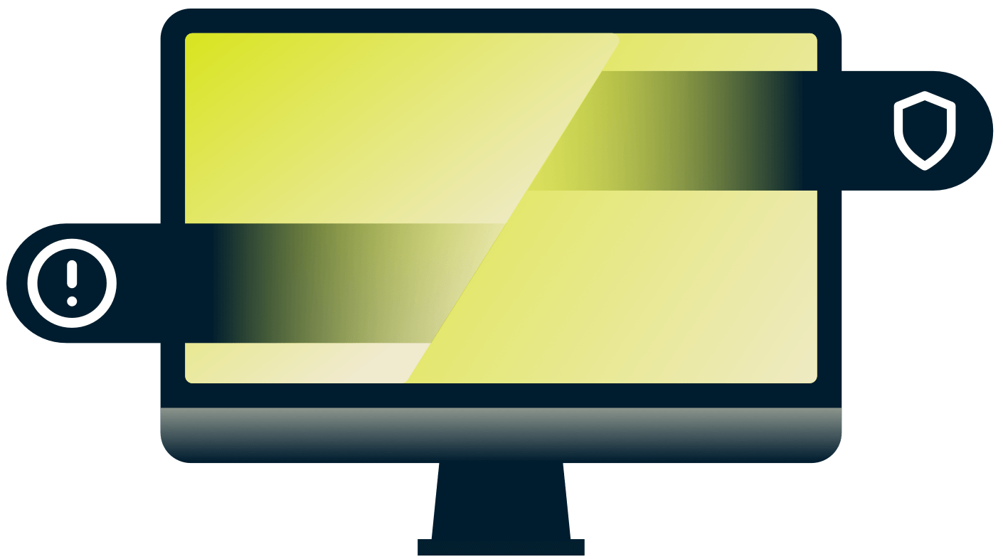 TV med udråbstegn og skjold.