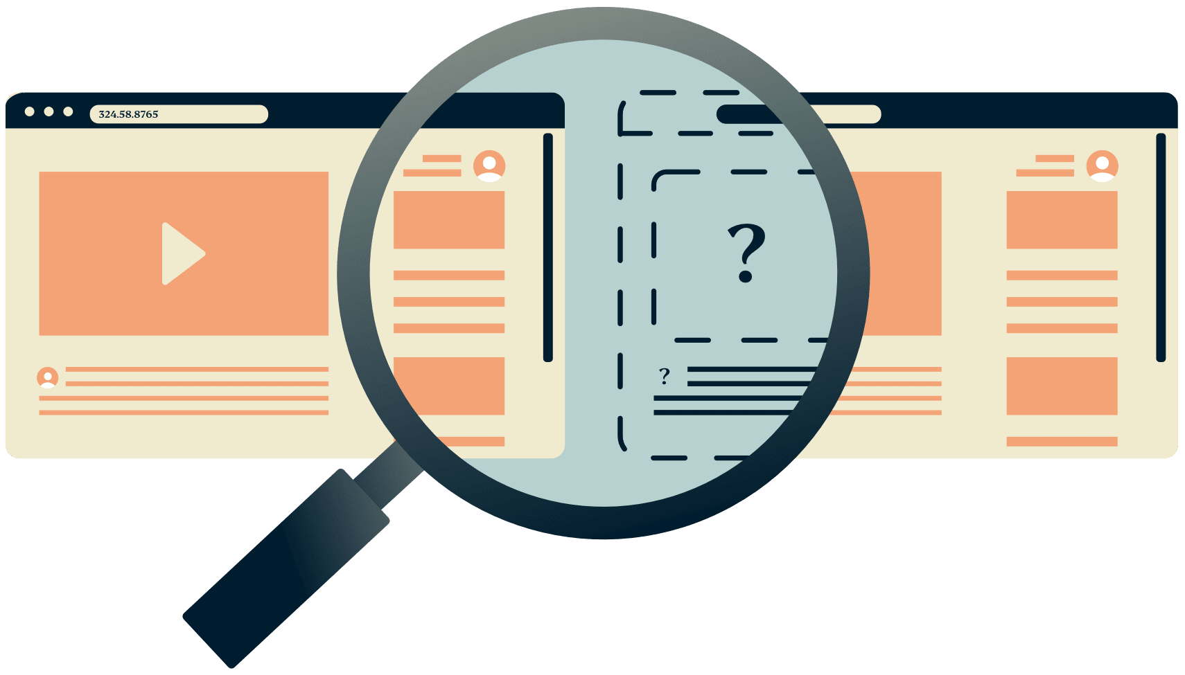 Una lupa sobre dos ventanas del navegador donde se oculta una de ellas.