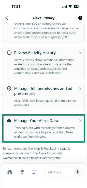 Screenshot of the Alexa app with Manage Your Alexa Data highlighted.