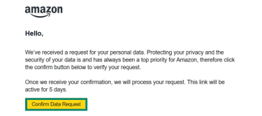 Email confirmation sent by Amazon in relation to a data request. The "Confirm Data Request" button is highlighted.