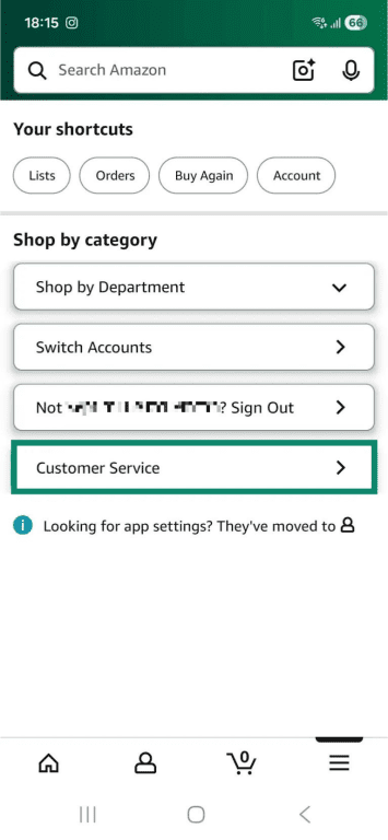 The "All" menu on the Android Amazon Shopping app. The "Customer Service" option is highlighted.