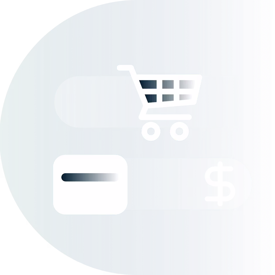 Handlevogn, kredittkort og valutasymbol.