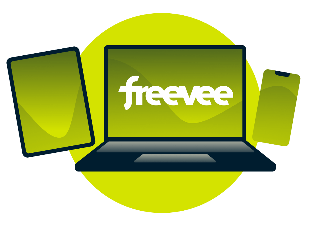 Laptop, tablet, and phone with Freevee logo.