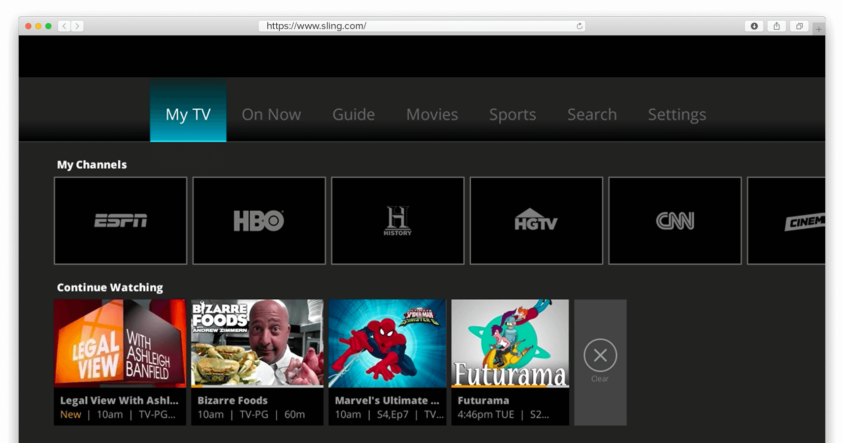 Schermata della homepage di Sling TV.