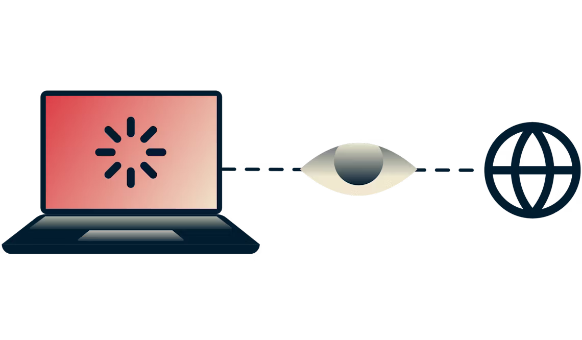 A buffering laptop connected to the internet with an eye overlooking the connection.