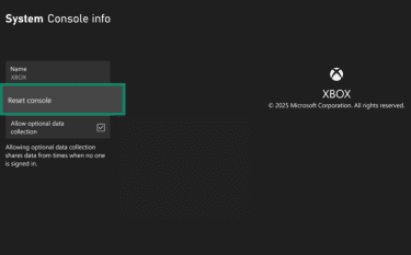 The console info page of the Xbox settings, showing the option to reset the console.