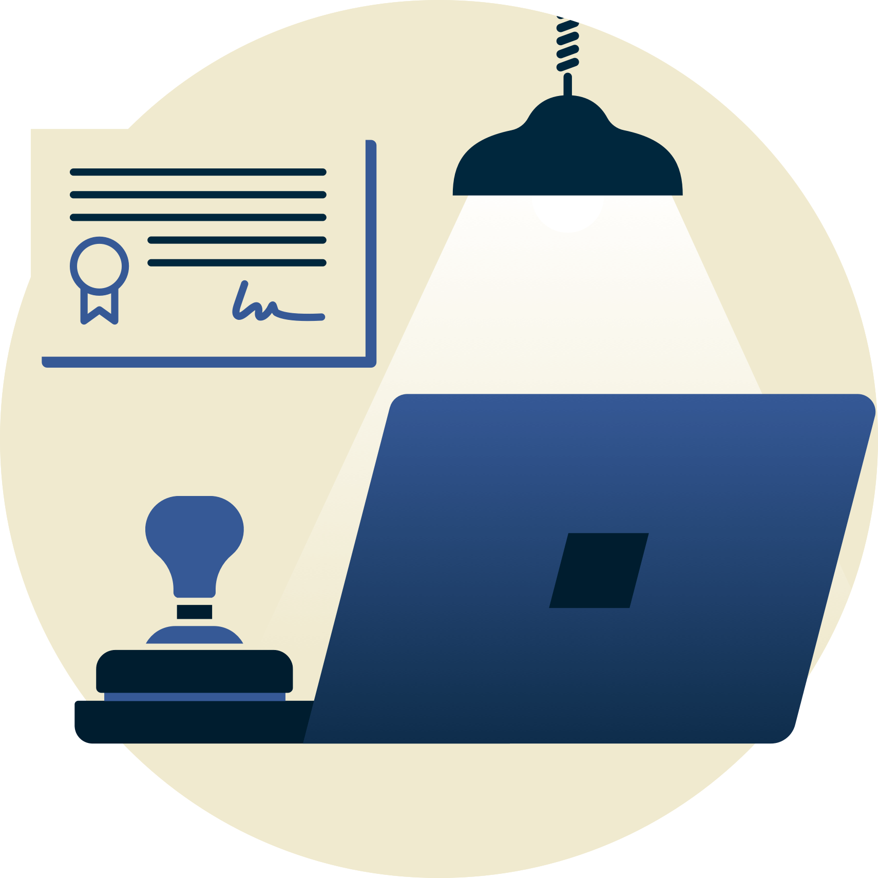 Lampe over gummistempel og bærbar computer med certifikat i baggrunden.
