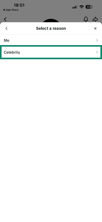 TikTok's menu for reporting asks if you're being impersonated or a celebrity/brand.