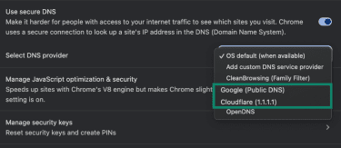 Choosing a secure DNS provider in Chrome.